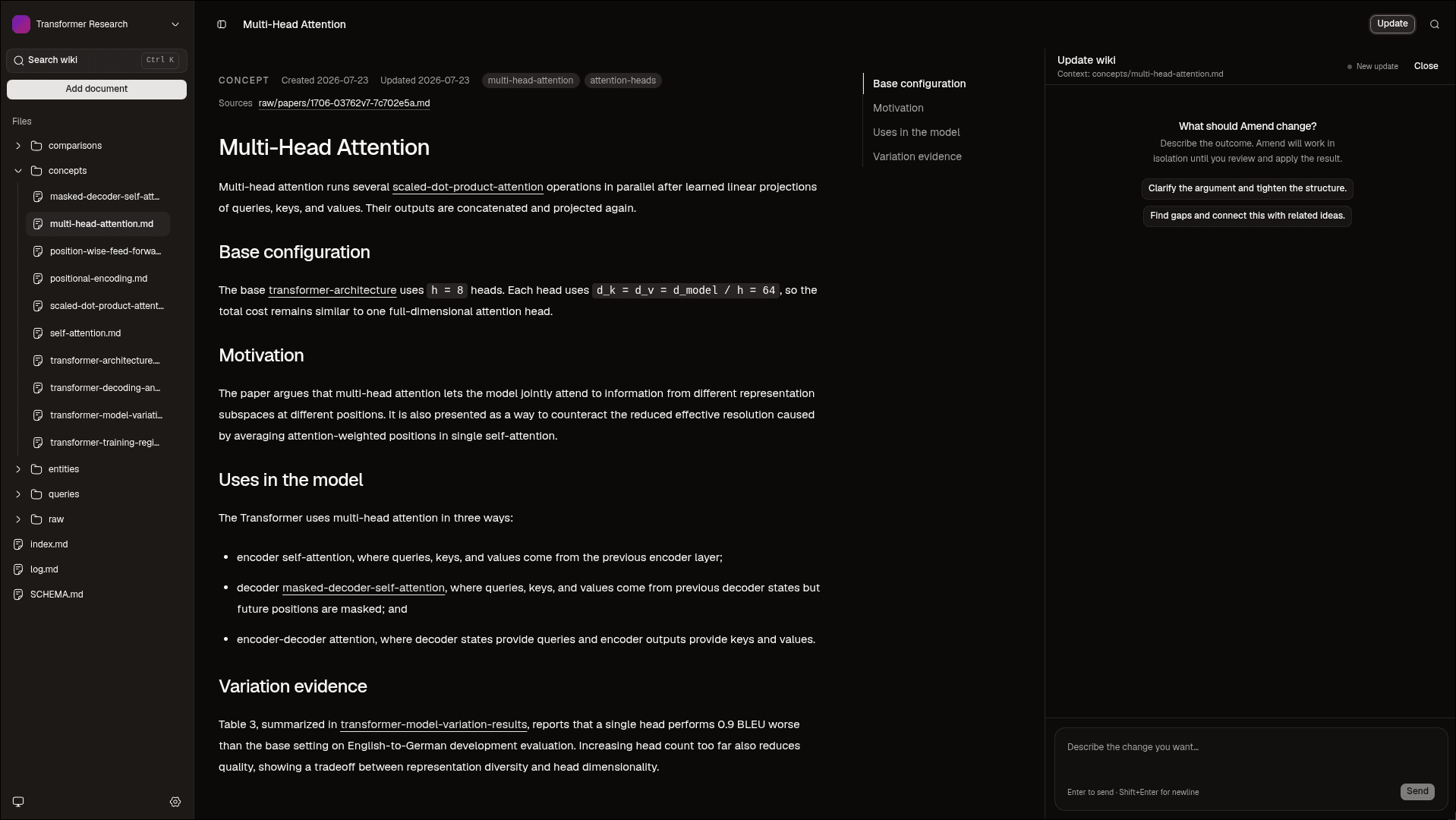 Amend's local wiki editor with an AI-assisted update panel